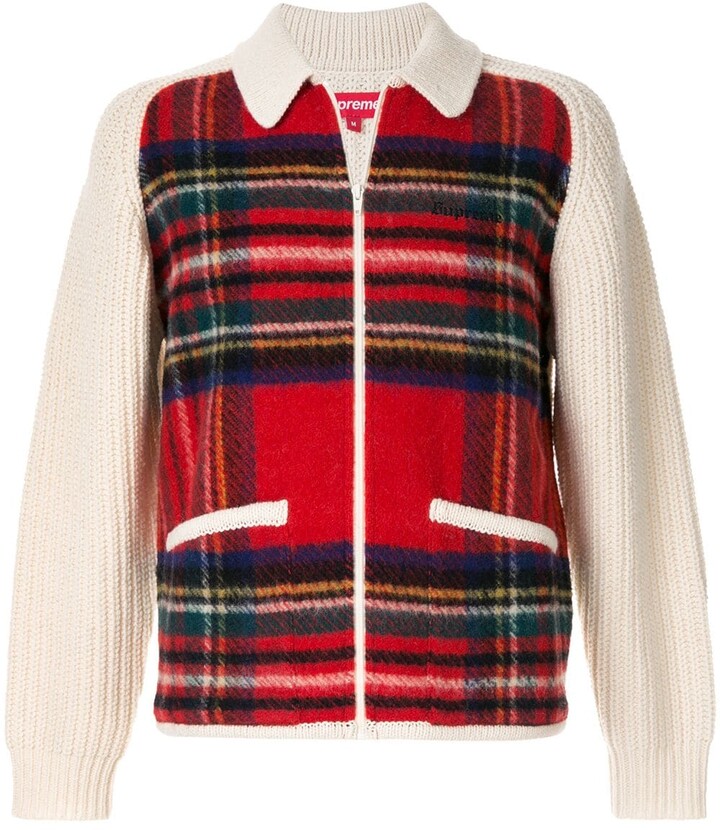Plaid Front Zip Sweater Off White