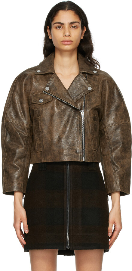 Ganni Brown Washed Leather Jacket - ShopStyle
