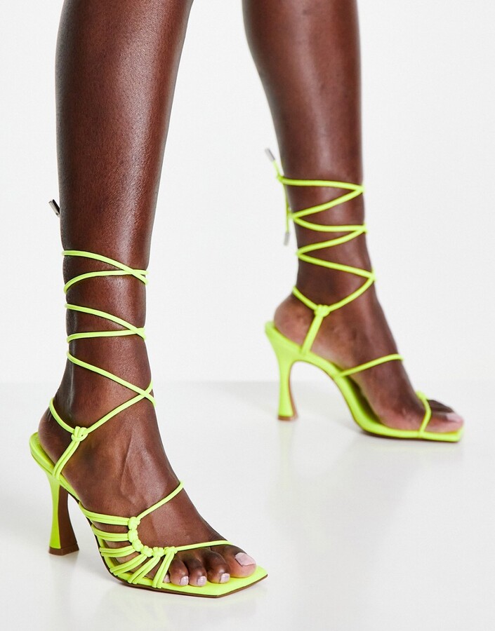 ASOS DESIGN Herald knotted caged tie leg mid heeled sandals in neon yellow  - ShopStyle