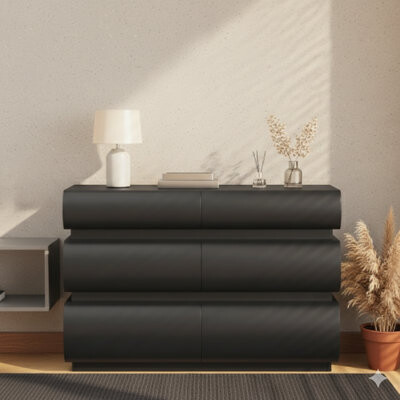 Latitude Run Six-Drawer Dresser For Bedroom Black Handle-Free Dresser Modern Six-Drawer Chest Of Drawers With Wide Storage.