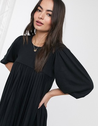 ASOS DESIGN mini pleated smock dress with puff sleeve in black