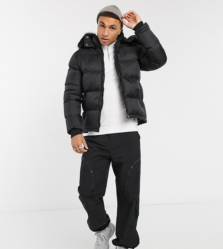 Schott 2190J slim fit puffer jacket with detachable faux fur hood in black Exclusive at ASOS