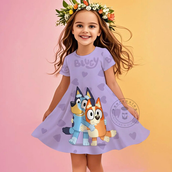 MINISO Cartoon Girls Dress Disney Stitch Pattern Children Clothes Princess Dresses Summer Casual Kids Home Wear Girl Birthday Clothing