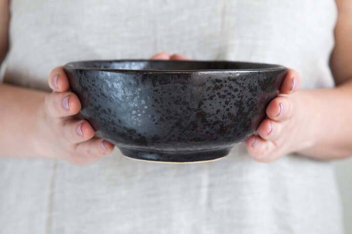 Minimalist Stoneware Bowl, Black Ceramic Breakfast Cereal Dish, Handmade Pottery Soup Deep Ddged Vessels, Minimal Serving Side Dish