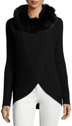 Neiman Marcus Cashmere Fur-Trim Wrap Tunic, Black