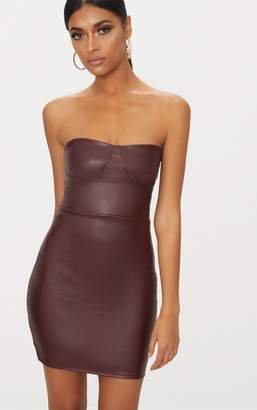 PrettyLittleThing Wine PU Bandeau Cup Detail Bodycon Dress