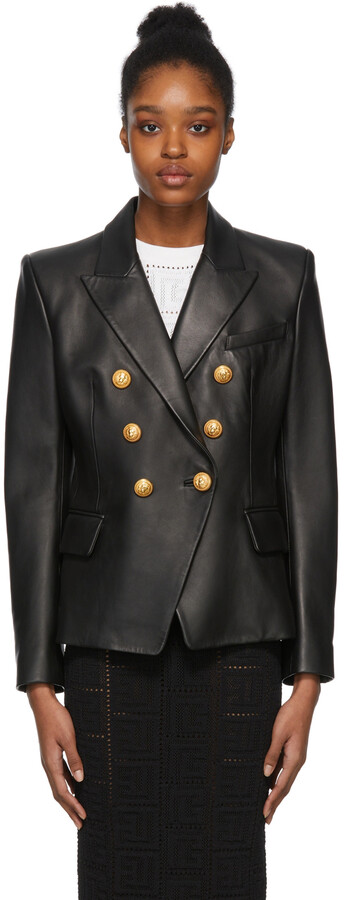 Balmain Black Six-Button Leather Jacket - ShopStyle