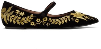 Tabitha Simmons Hermione Floral-embroidered Velvet Mary-jane Flats - Womens - Black Gold Tabitha Simmons Hermione Floral-embroidered Velvet Mary-jane Flats - Womens - Black Gold