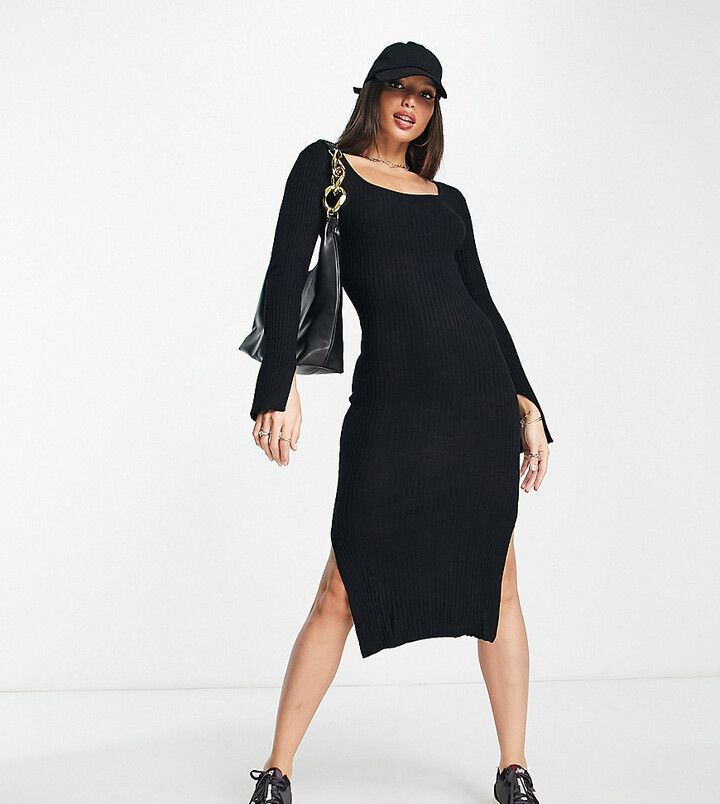 Threadbare Tall Viola square neck knitted midi dress in black ShopStyle