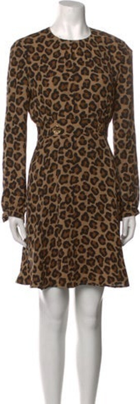 Tory Burch Silk A-Line Dress Black Animal Print Long Sleeve with Crew Neck Concealed Zip Closure at Back Designer