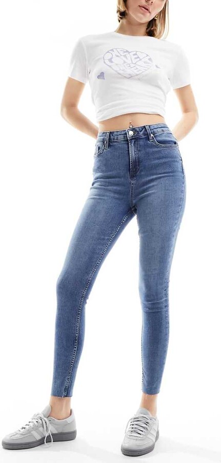 Miss Selfridge Petite mom high waist frill top jean in light wash