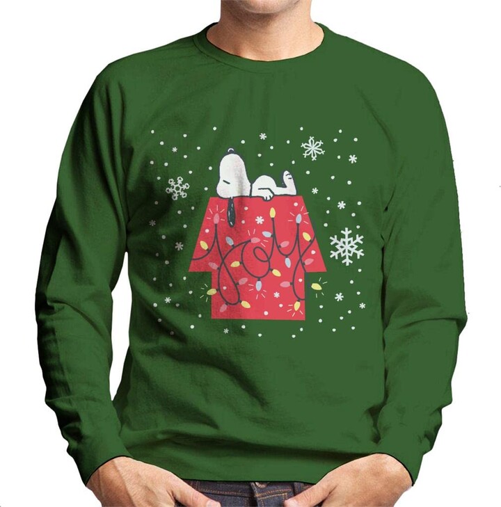 All+Every Peanuts Christmas Snoopy Lying Down Snowflakes Men's Sweatshirt Bottle Green ...