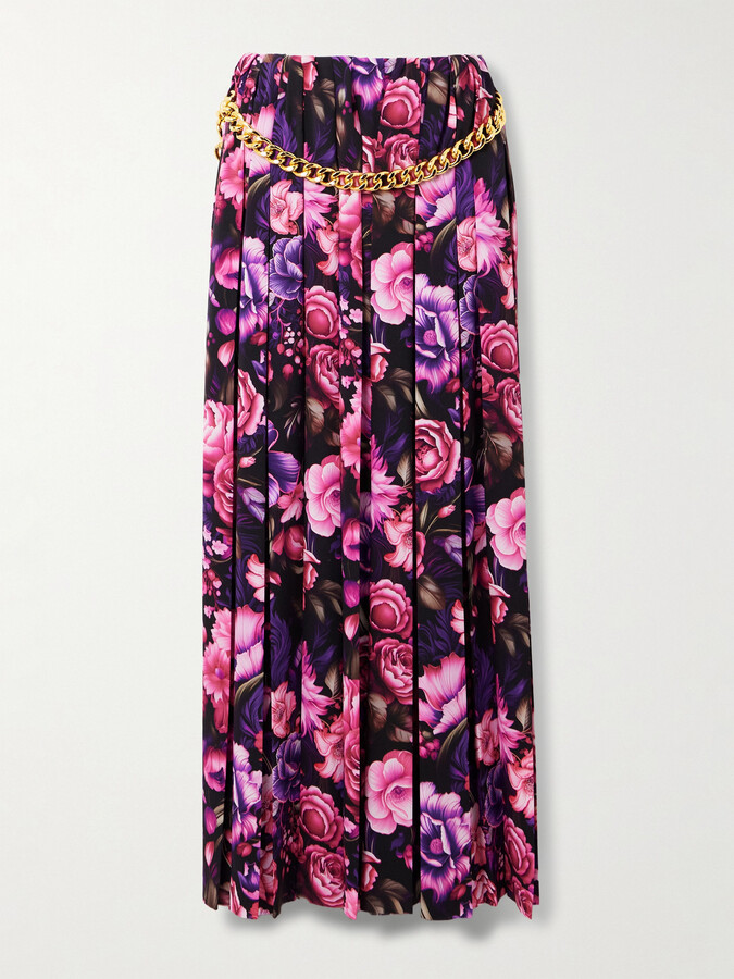 Balenciaga Chain-embellished Pleated Floral-print Crepe Maxi Skirt - Purple