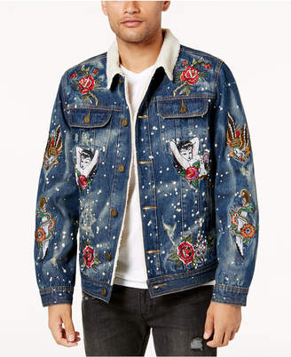 Reason Men's Embroidered Fleece-Lined Denim Jacket