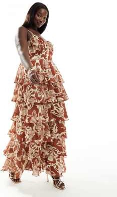 Pretty Lavish Curve shirred bust tiered ruffle maxi dress in brown floral