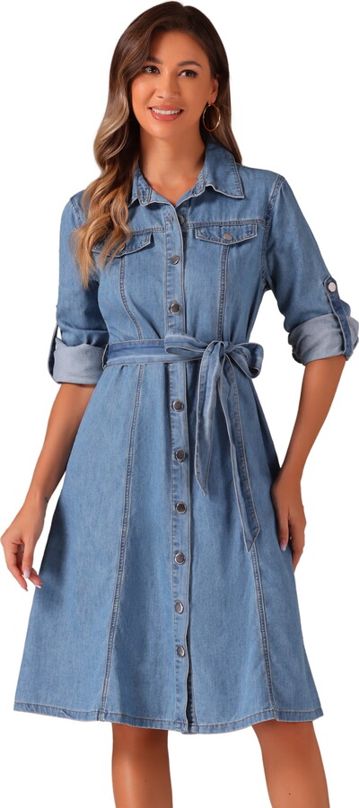 DARING DIVA Denim Shirt Dress Long Sleeve Belted Dress XL Light Blue