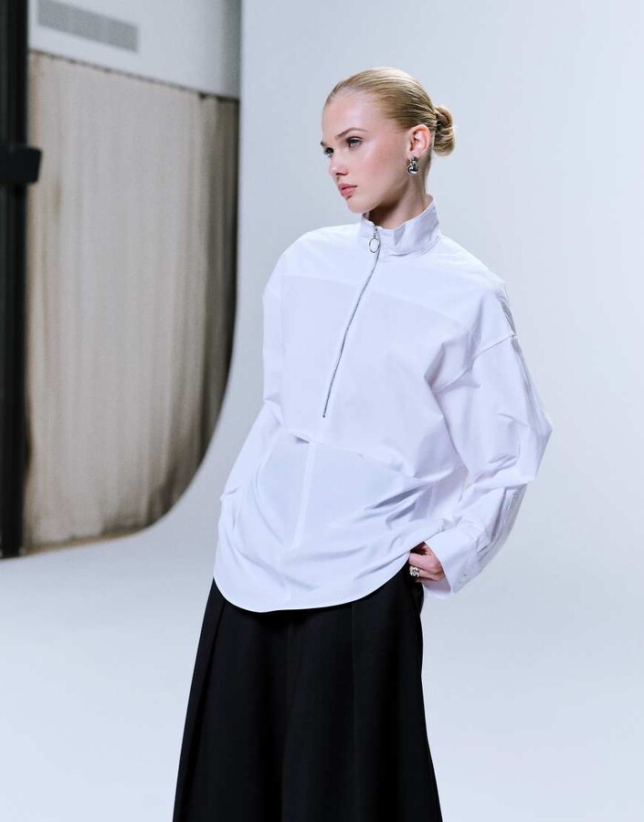 Arket oversized high collar shirt with minimal zip front in white