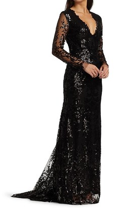 Naeem Khan Plunging Sequin Lace Long Sleeve Gown