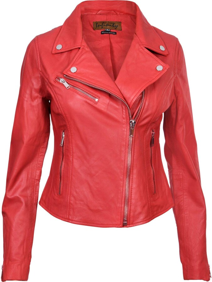 Infinity Leather Ladies Leather Jacket Classic Biker Style Red Real