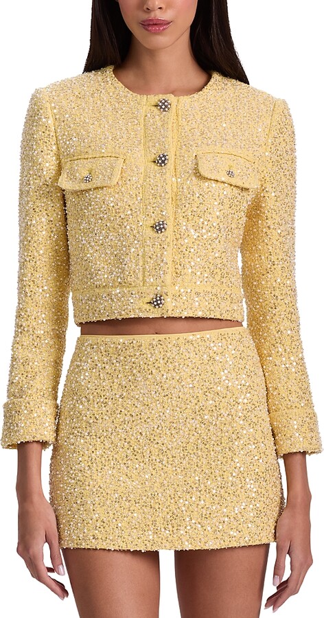 Alice + Olivia Lorie Long Sleeve Embellished Tweed Jacket
