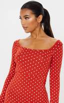 Thumbnail for your product : PrettyLittleThing Terracotta Polka Dot Long Sleeve Square Neck Shift Dress