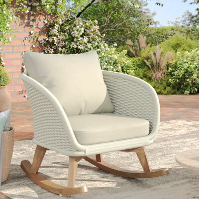 Bayou Breeze Outdoor PE Wicker Rocking Chair With Soft Cushions All-Weather Rocking Rattan Chair With Wooden Frame Patio Rocking Lounge Armchair For Garden Porc