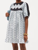 Thumbnail for your product : Batsheva Zigzag Striped Floral-print Cotton Dress - Light Blue