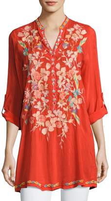 Johnny Was Nikky Embroidered Georgette Long Tunic, Orange, Petite