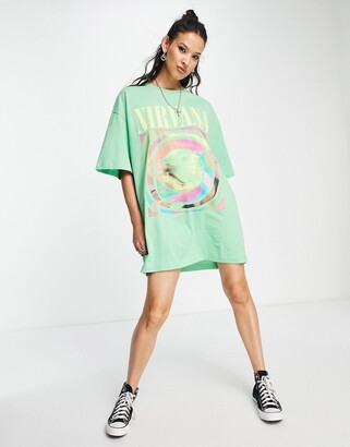 ASOS DESIGN oversized T-shirt dress with Nirvana print in green - ShopStyle