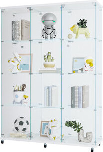 Latitude Run 3 Door Glass Display Cabinet, 4 Shelves - Safe For Photos, Artworks, Decorations, , Collectibles 4-Shelf Case, White Books, Model,