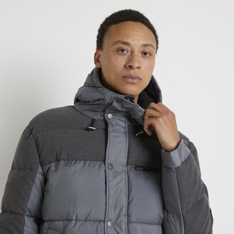 River Island Mens Grey Fabric Block Hooded Puffer Jacket - ShopStyle