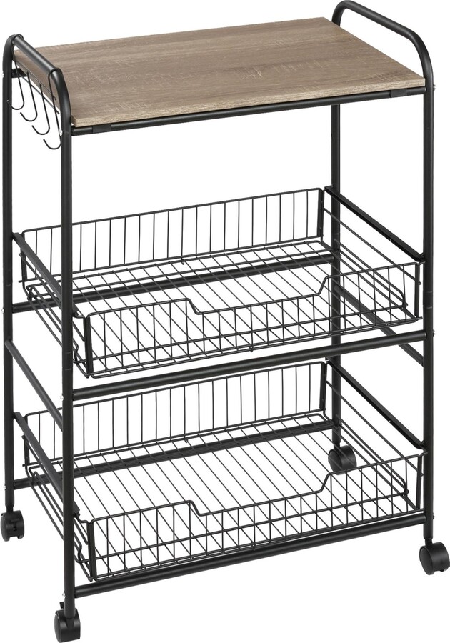 HOMCOM Compact Kitchen Cart, Wooden Rolling Kitchen Storage Cart with Storage, Utility Cart with 4 Wire Baskets Drawer, Gray