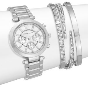 Adrienne Vittadini Glitz Silvertone Bracelet Watch Set