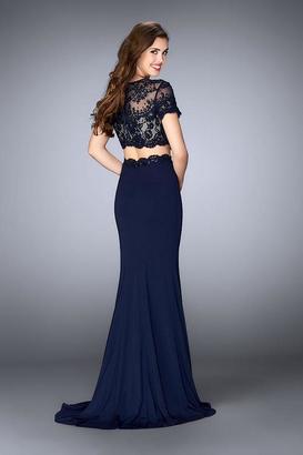 La Femme La Femme Short Sleeve Lace Crop Top and Jersey Skirt Prom Dress 23912