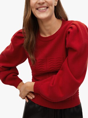 MANGO Puff Sleeve Embroidered Front Jumper, Red