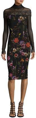Fuzzi Long-Sleeve Mesh-Yoke Floral-Print Sheath Dress, Black Multi