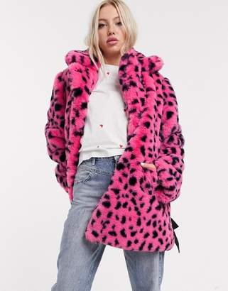 Lazy Oaf high neck faux fur coat in spot with bow fastening
