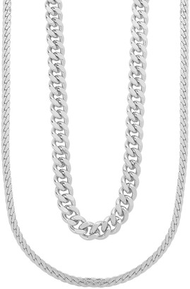 Sterling Forever Rhodium-Plated Curb Herringbone Chain Layered Necklace