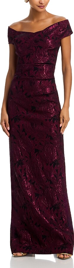 Teri Jon by Rickie Freeman Floral Stretch Jacquard Off-the-Shoulder Ruched Gown