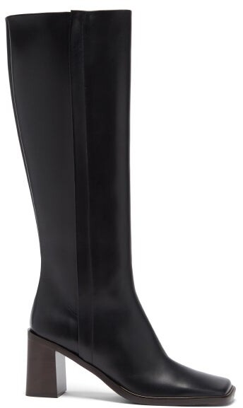 knee high black leather boots no heel