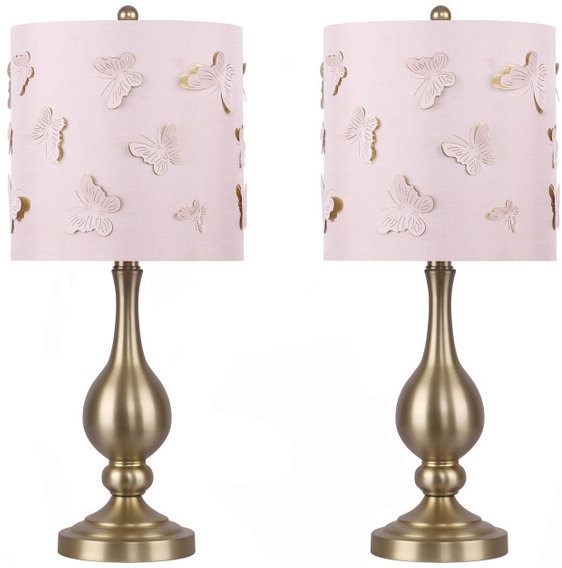 Soft Pink Erfly Drum Shade, Grandview Gallery Gold Table Lamp