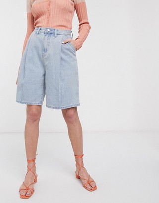 Lost Ink longline shorts with pleat front in vintage wash denim