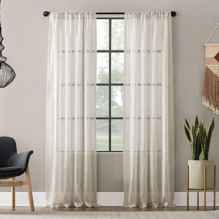 Clean Window Aya Textured Slub Stripe Linen Blend Linen 95 in. L x 52 in. W Sheer Rod Pocket Curtain Panel