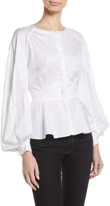 Zac Posen Pleated-Sleeve Collarless Button-Front Fitted Cotton Blouse