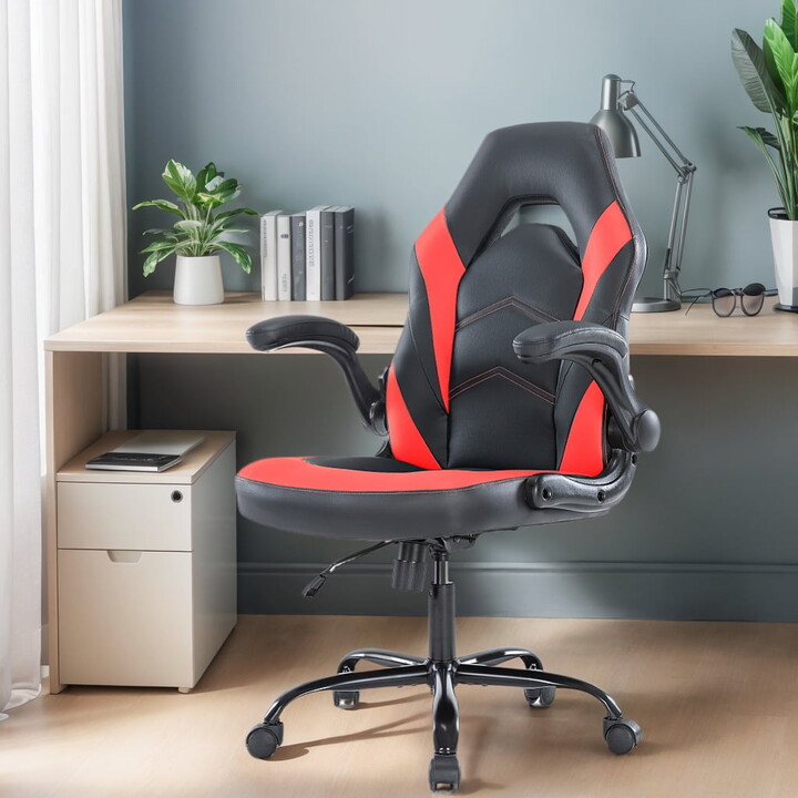 GIANNA Ergonomic PU Leather Computer Gaming Chair, Adjustable Swivel Racing Chair with Flip-up Armrest, Black Red