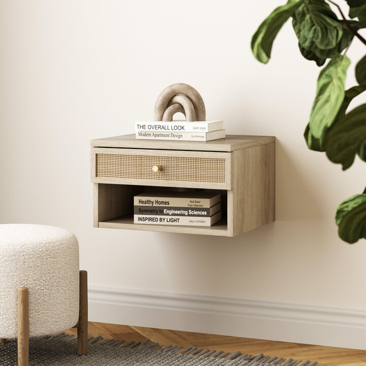 Nathan James Jackson Wall Mounted Rattan Floating Bedroom Nightstand with Storage Drawer and Modern Open Shelf Cubby, Light Oak/Rattan