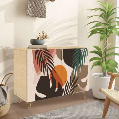 Dakota Fields Sideboard Buffet Cabinet with Storage Abstract landscape geometric shapes sun tropical leaves mid century with 2 Doors for Living Room and Kitchen