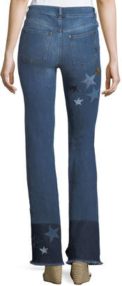 RED Valentino Stone-Washed Stretch Denim Jeans w/ Star Patches
