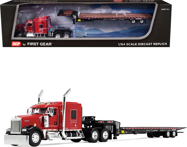Kenworth W900L with 72" AeroCab Sleeper and Landoll 440B50CA Traveling Axle Trailer Viper Red and Black 1/64 Diecast Model by DCP/First Gear