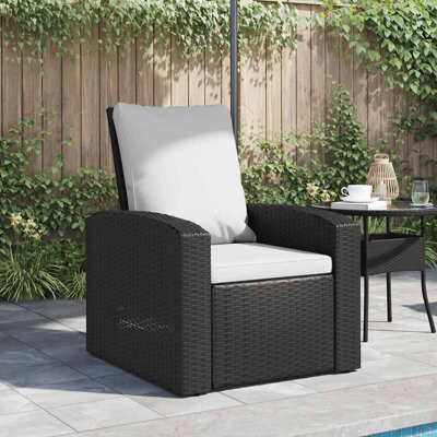 Red Barrel Studio vidaXL Reclining Patio Lounge Chair, Modern Black Poly Rattan with White Cushions, Adjustable Backrest & Footrest, Comfortable Outdoor Garden Terrace